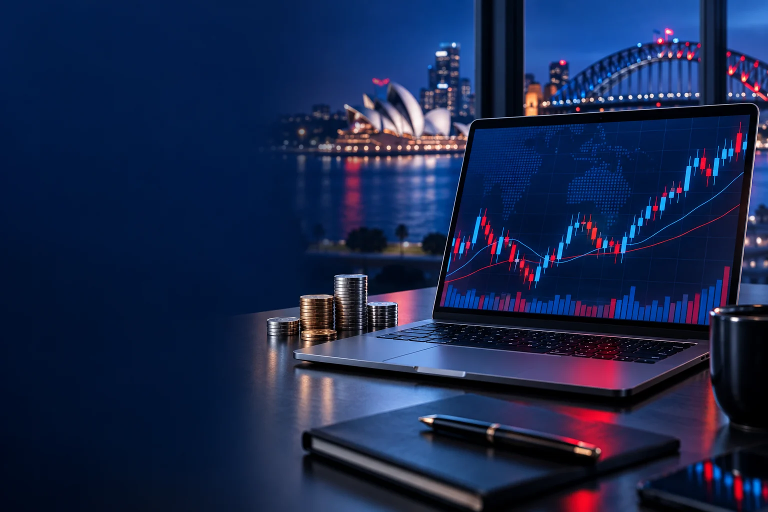 Arbeitsplatz f&uuml;r Anlagen mit Laptop, auf dem Finanzcharts angezeigt werden